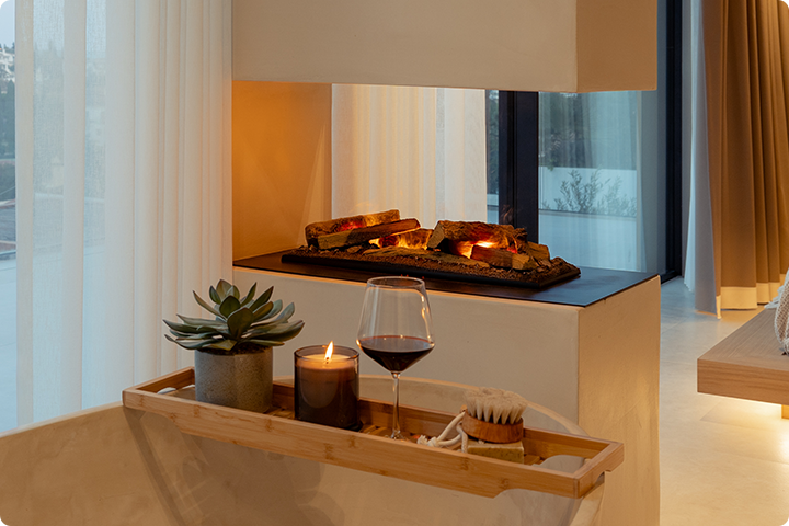 Dimplex Wasserdampfkamin mit Holzset in einer Badezimmerumgebung
