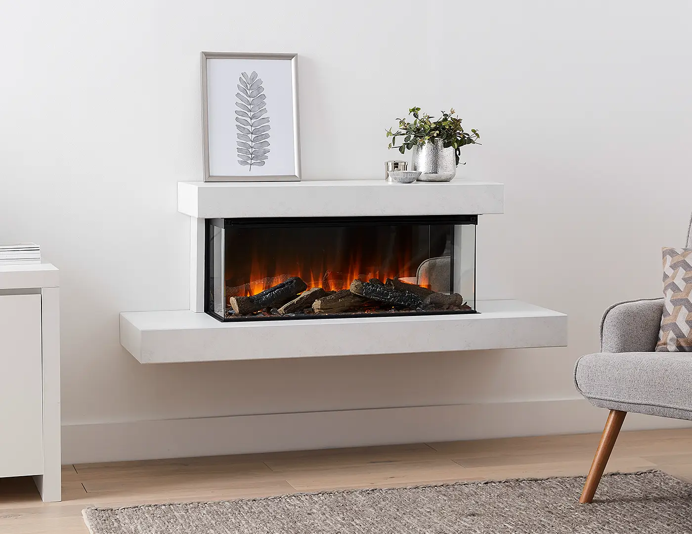Floating wall-mounted electric fireplace in modern interior