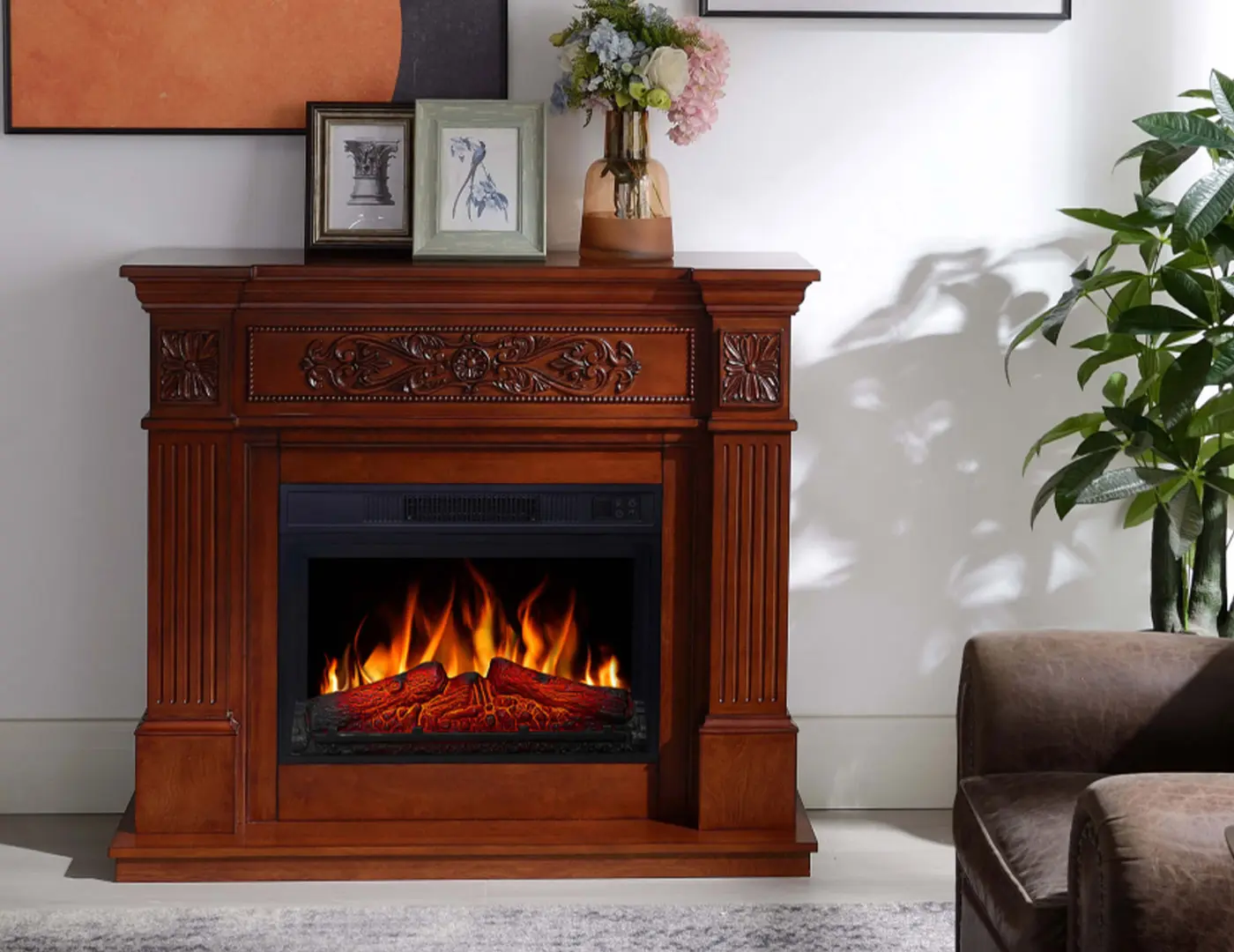 Rustic looking electric fireplace in a brown wooden mantel