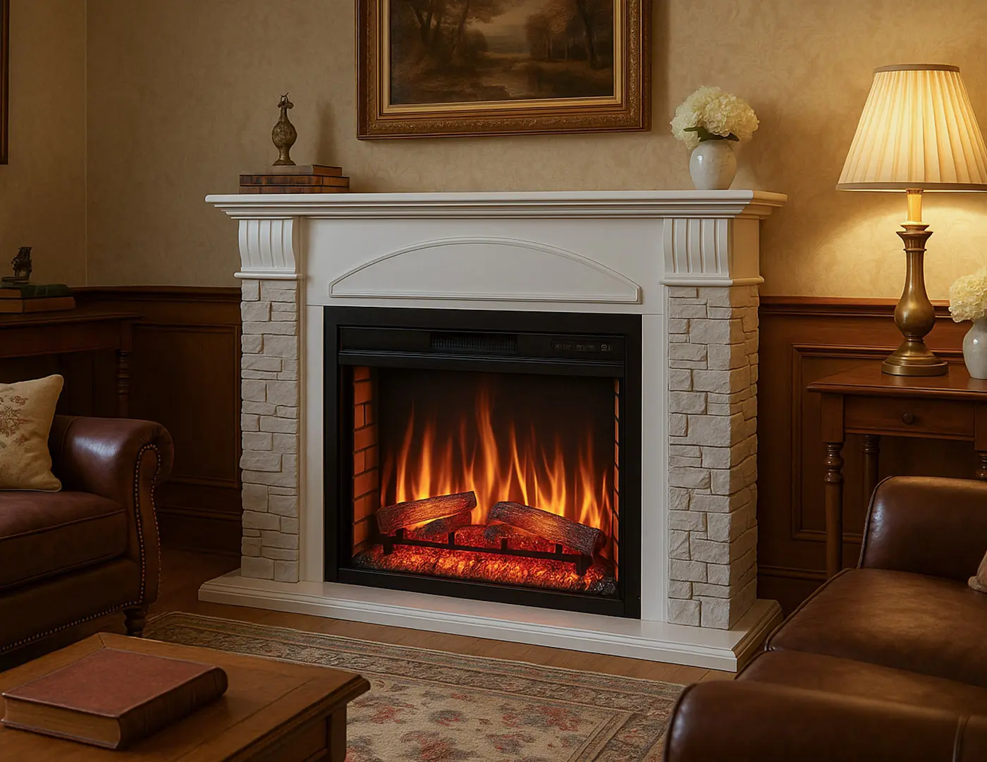 Freestanding electric fireplace with a surround of stone