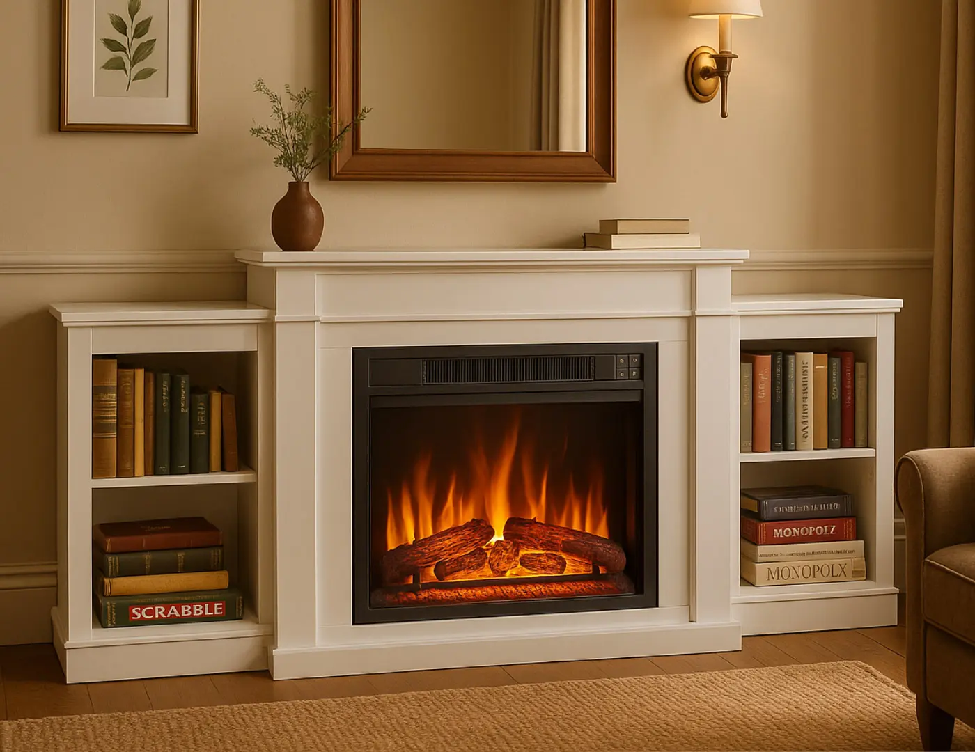 Electric fireplace with a wooden surrounding frame